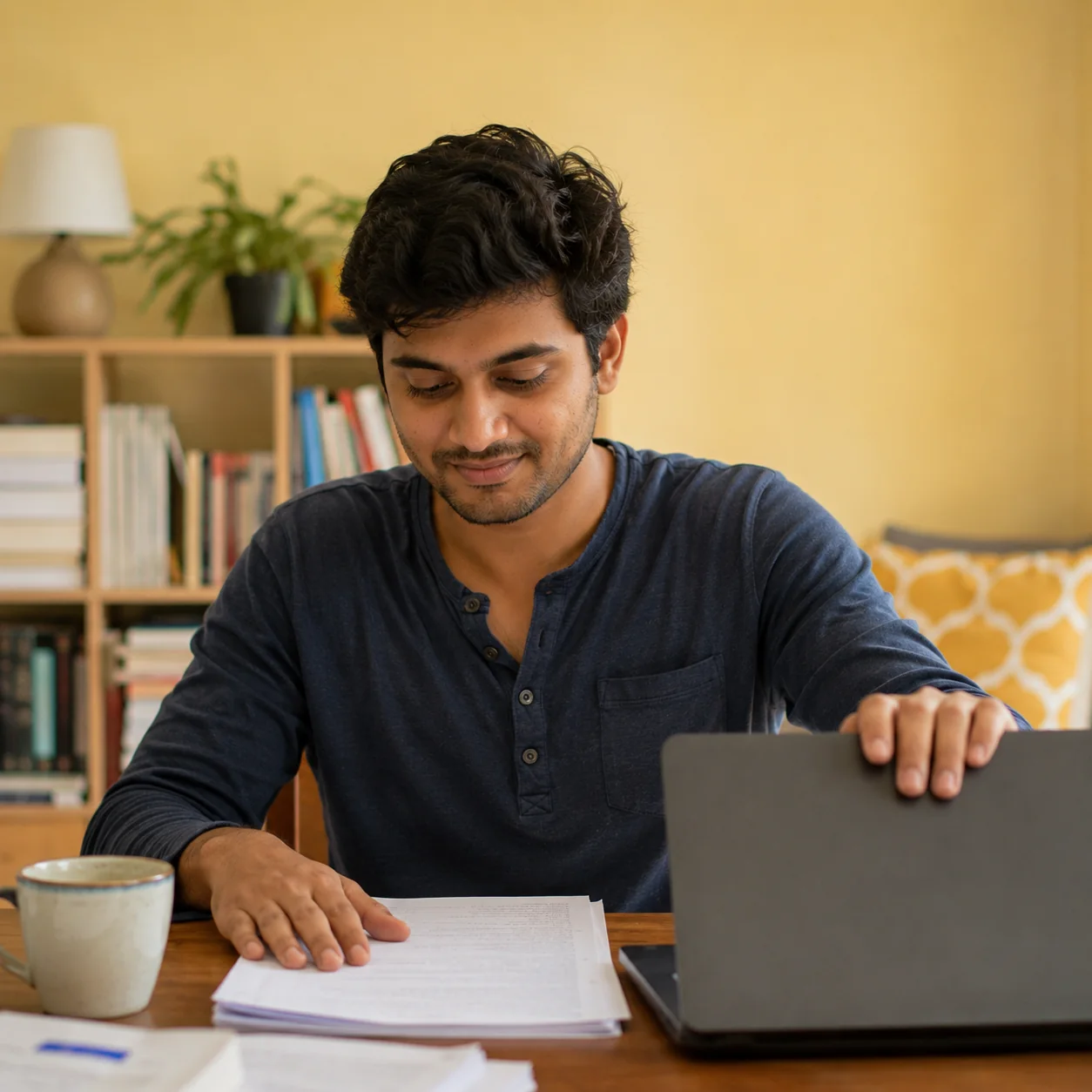 An ACCA student working through his notes at a laptop