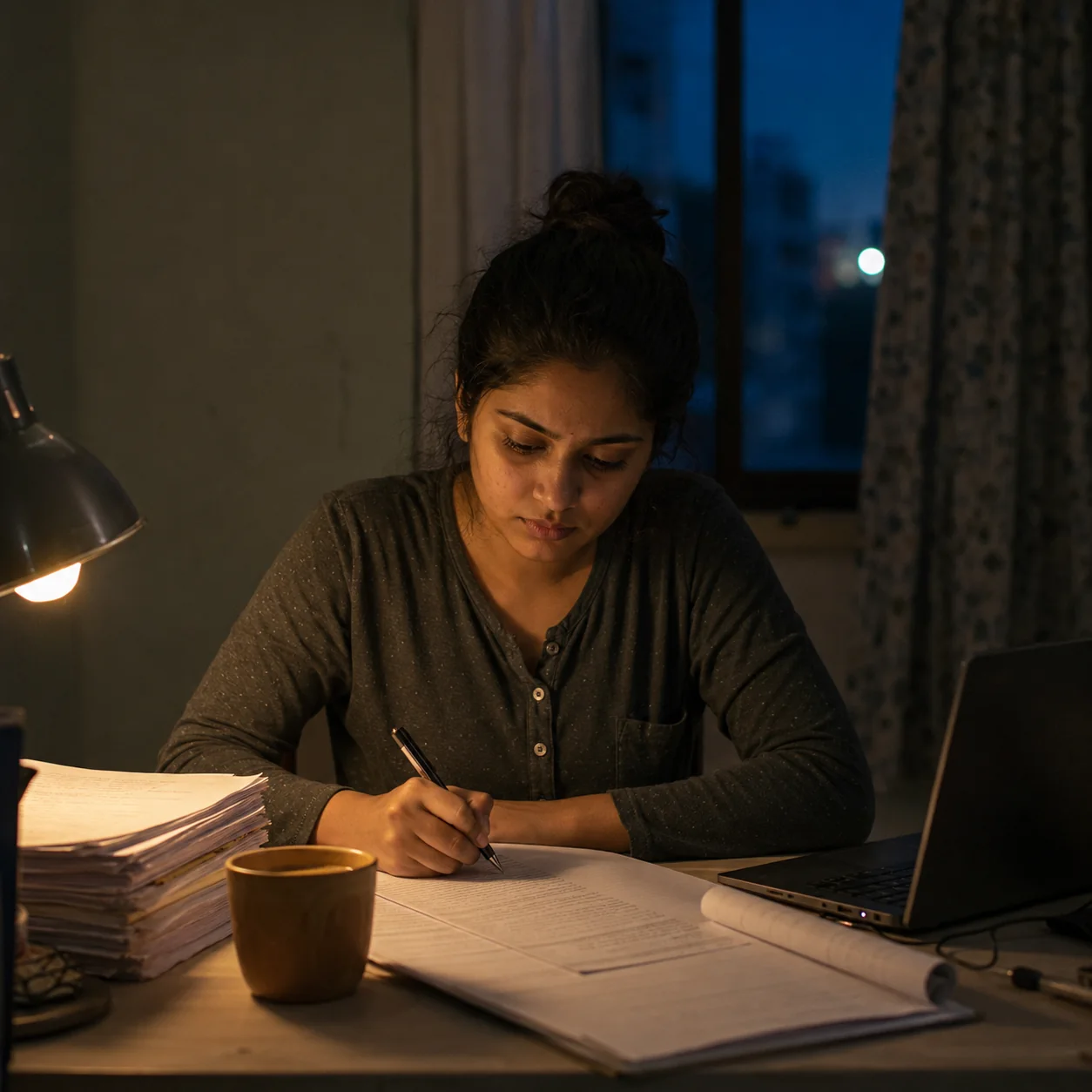A student working through past-paper questions late in the evening